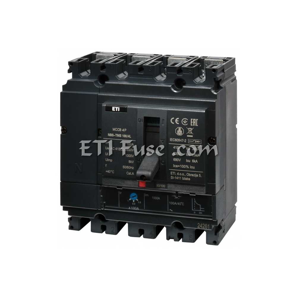 کلید اتوماتیک قابل تنظیم تک ای تی آی ETI NBS TMS 100 4L 63A 690V AC 36KA 4P