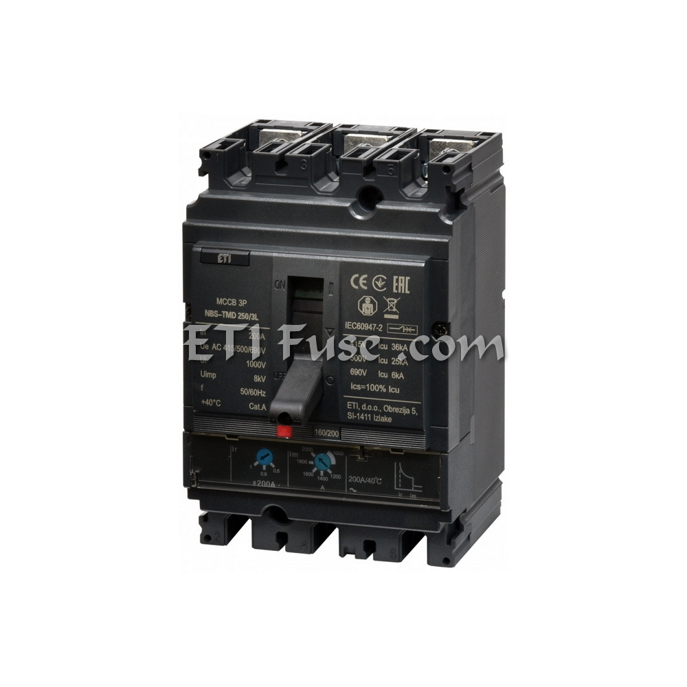 کلید اتوماتیک قابل تنظیم دوبل ای تی آی ETI NBS TMD 250 3L 250A 690V AC 36KA 3P